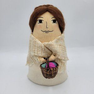 Handmade Cloth Doll Figure Lady With Knitting Or Crochet Basket OOAK Handpainted